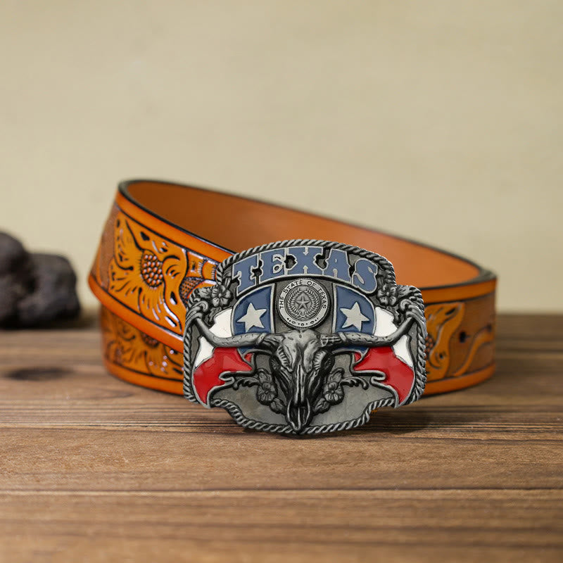 Cintura in pelle fai da te con fibbia a forma di toro Longhorn con bandiera del Texas da uomo - Toro - Cintura intagliata arancione (40) - image 14