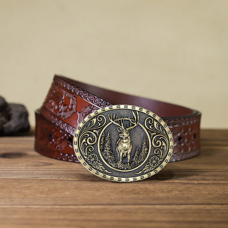 Cintura in pelle con fibbia della bandiera americana da cacciatore di cervi fai da te da uomo - Cervo d'oro - Cintura marrone intagliata (40) - image 32