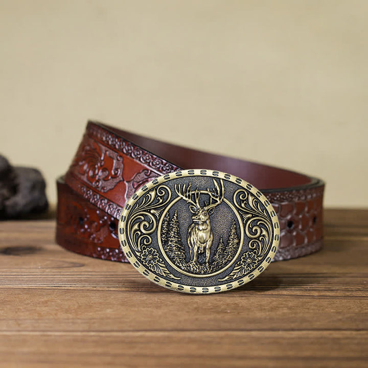 Cintura in pelle con fibbia della bandiera americana da cacciatore di cervi fai da te da uomo - Cervo d'oro - Cintura marrone intagliata (40) - image 32