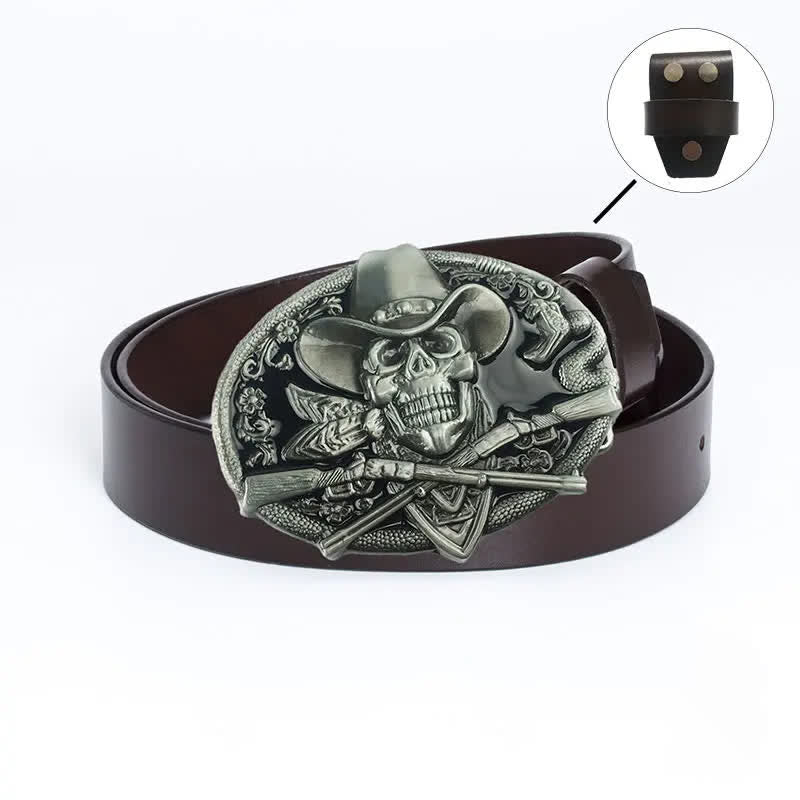 Cintura in pelle da uomo con teschio pirata e pistole incrociate - Maglietta in pelle - Smalto marrone/nero - 46 - image 16