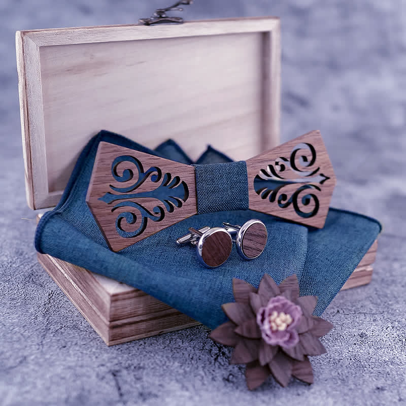 Set di 4 papillon in legno con motivo a fiori cavi da uomo - image 1