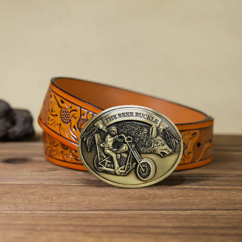 Cintura in pelle con fibbia porta birra creativo fai da te per motocicletta da uomo - Bronzo - Cintura intagliata arancione (40) - image 33