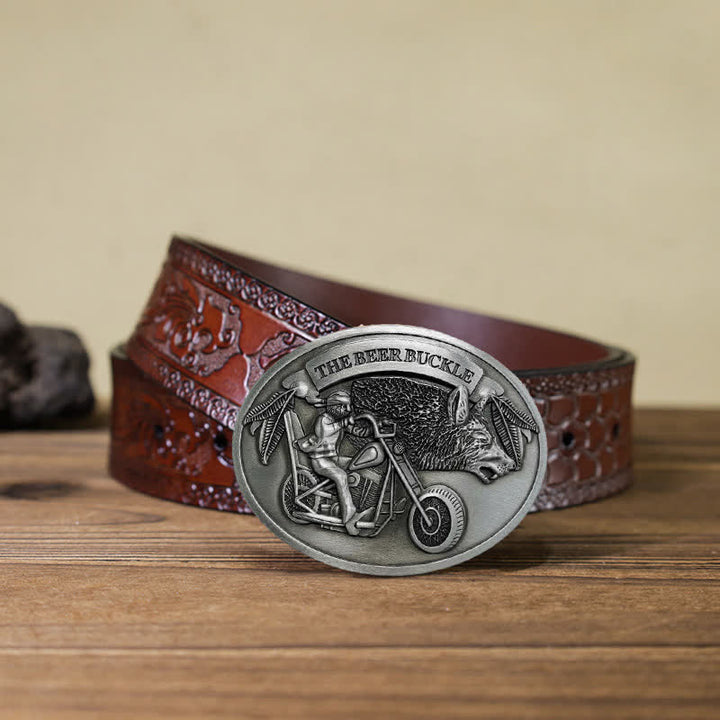 Cintura in pelle con fibbia porta birra creativo fai da te per motocicletta da uomo - Argento - Cintura marrone intagliata (40) - image 24