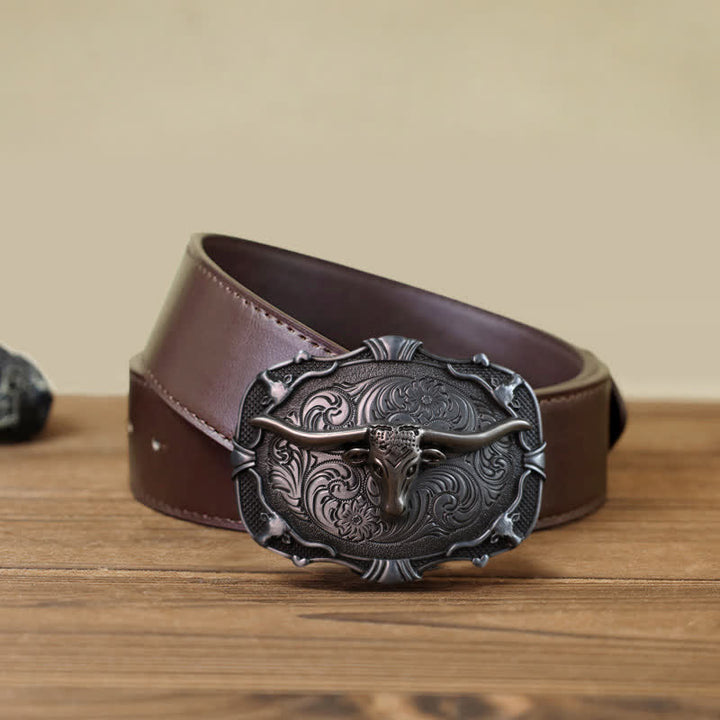 Cintura in pelle con fibbia quadrata a forma di toro Longhorn in argento fai da te da uomo - Toro - Cintura PU marrone (40) - image 6