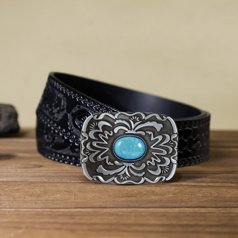 Cintura in pelle con fibbia a forma di fiore in pietra turchese fai da te da uomo - Turchese - Cintura nera intagliata (40) - image 10