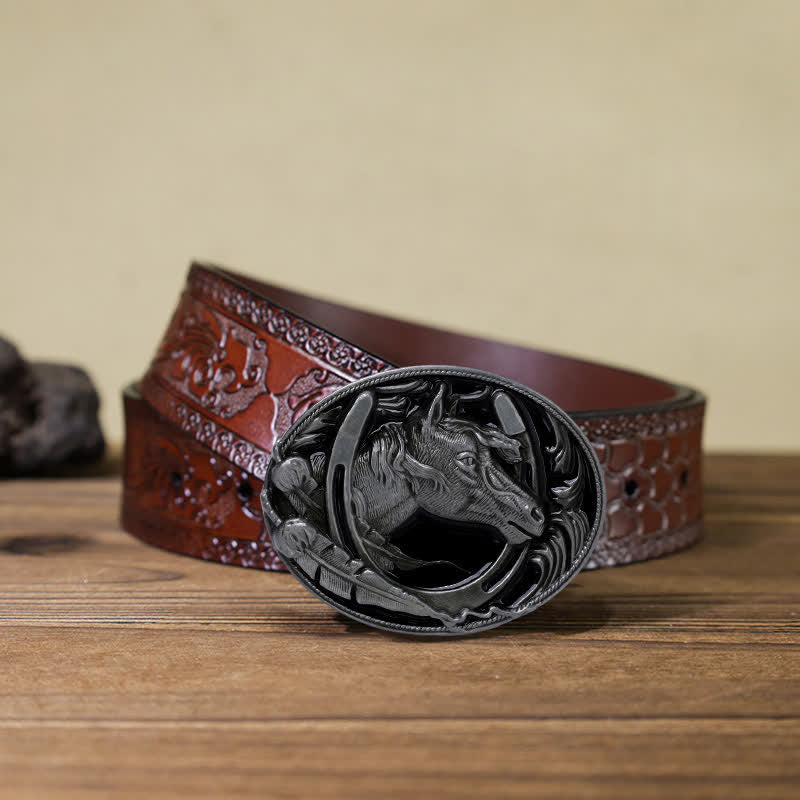 Cintura in pelle con fibbia in smalto nero a ferro di cavallo fai da te da uomo - Ferro di cavallo - Cintura marrone intagliata (40) - image 11