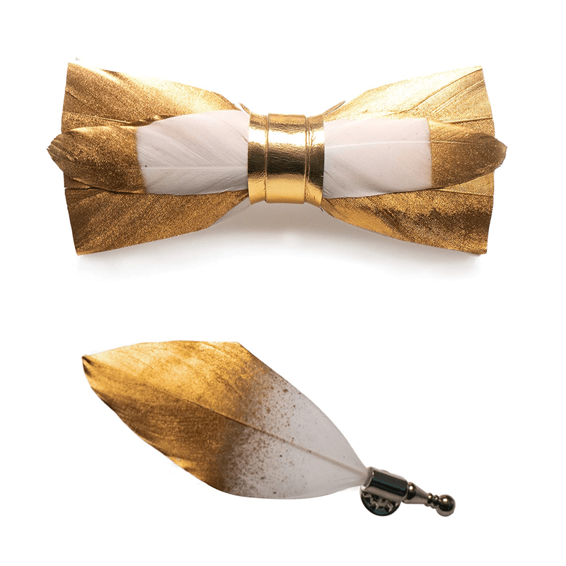 Papillon con piume color caramello bianco e oro con spilla da bavero - image 3