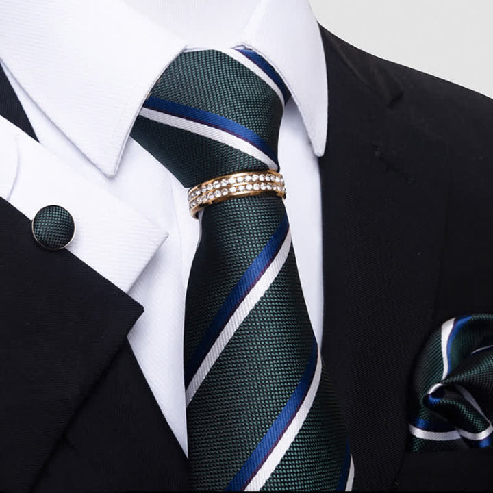Set di 4 cravatte a righe da uomo con anello per cravatta - Verde scuro - image 0