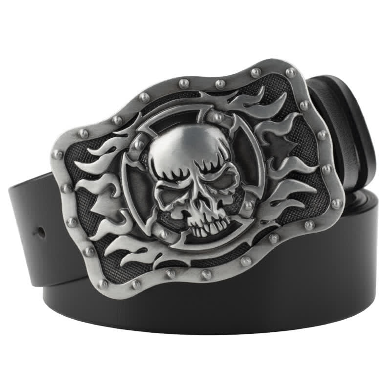 Cintura in pelle con teschio di fiamma rettangolare da uomo - Argento - 44 - image 0