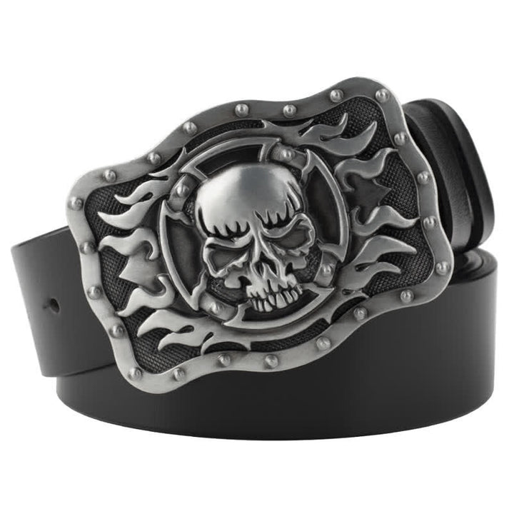 Cintura in pelle con teschio di fiamma rettangolare da uomo - Argento - 44 - image 0