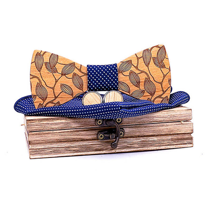Set di 3 papillon in legno con motivo a foglia da uomo - Navy a pois - image 7