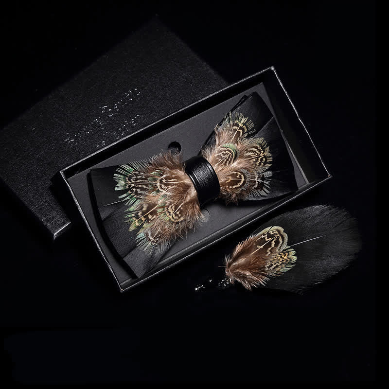Papillon con piume di fagiano nero e marrone per bambini con spilla da bavero - Adulto - image 1