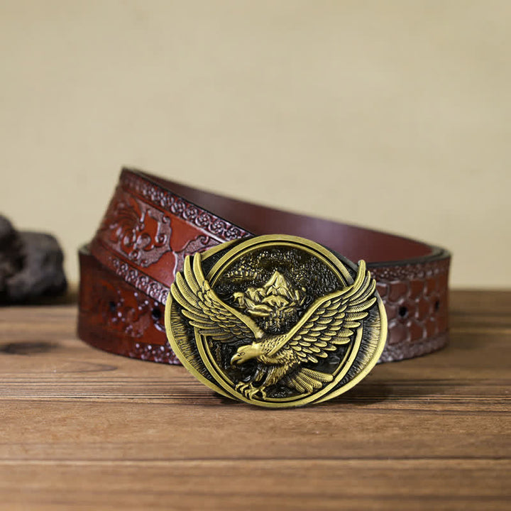Cintura in pelle con fibbia a forma di aquila volante prepotente fai da te da uomo - Bronzo antico - Cintura marrone intagliata (40) - image 20