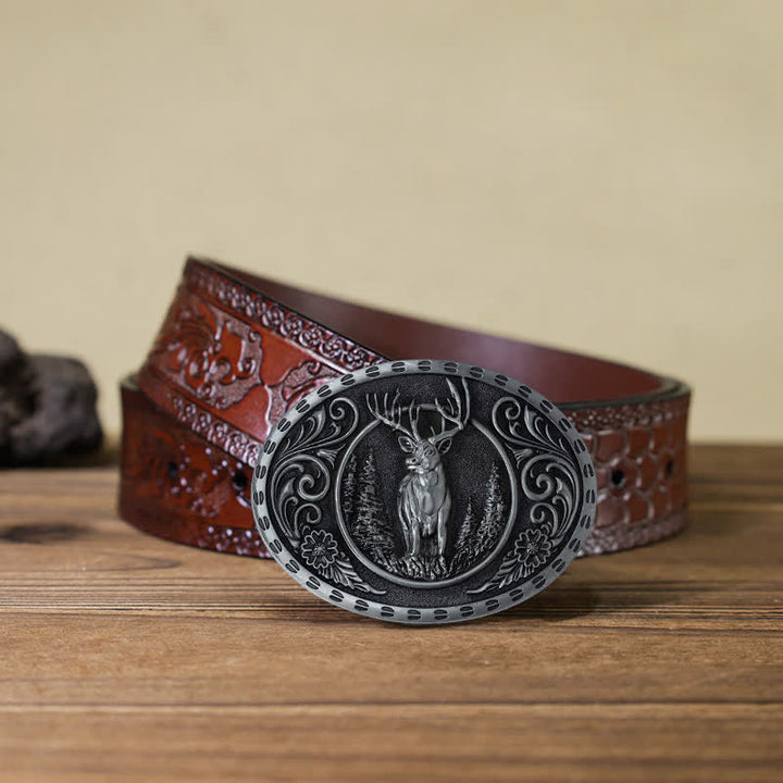 Cintura in pelle con fibbia della bandiera americana da cacciatore di cervi fai da te da uomo - Cervo d'argento - Cintura marrone intagliata (40) - image 33