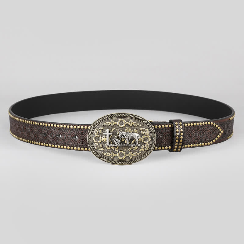 Cintura in pelle con fibbia ovale con decorazione a forma di cavallo incrociato da uomo - image 2