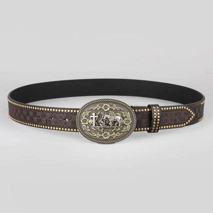Cintura in pelle con fibbia ovale con decorazione a forma di cavallo incrociato da uomo - image 2