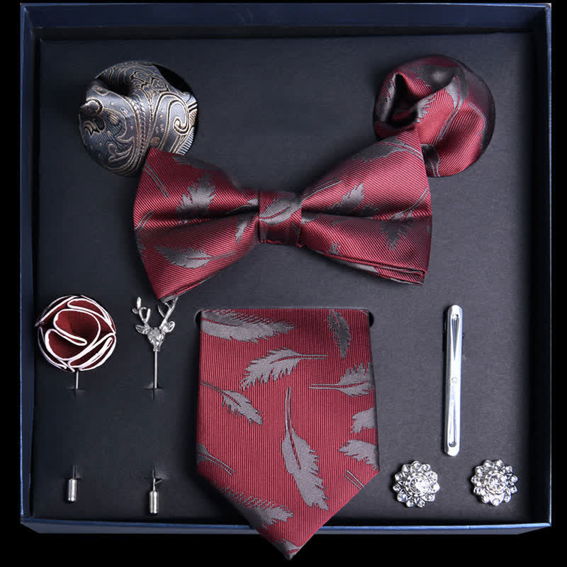 8 pezzi papillon con foglie rosso scuro e fiori alla moda, scatola regalo - Rosso scuro - image 0