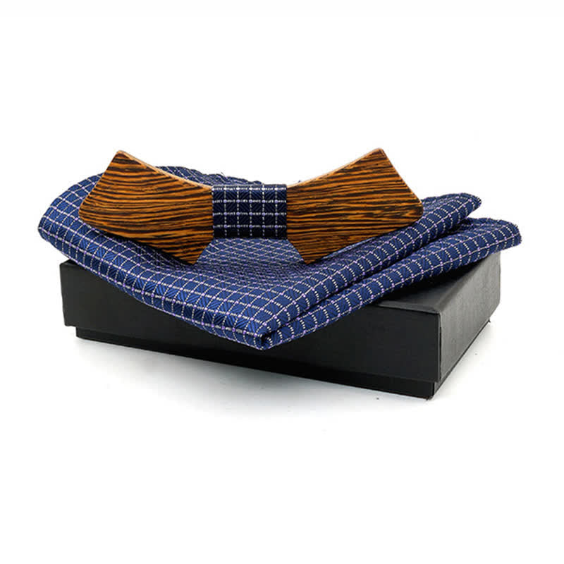 Set di 2 papillon in legno a forma di colletto da uomo - Plaid blu navy - image 2