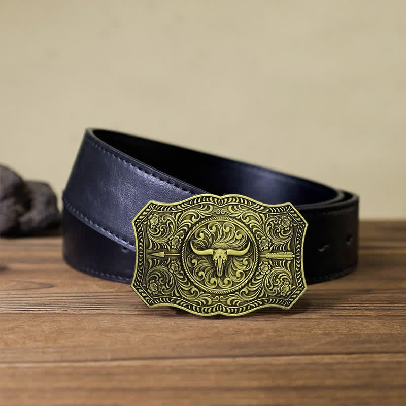 Cintura in pelle fai da te con fibbia a forma di freccia di toro a forma di corno lungo da uomo - Bronzo antico - Cintura PU nera (40) - image 7