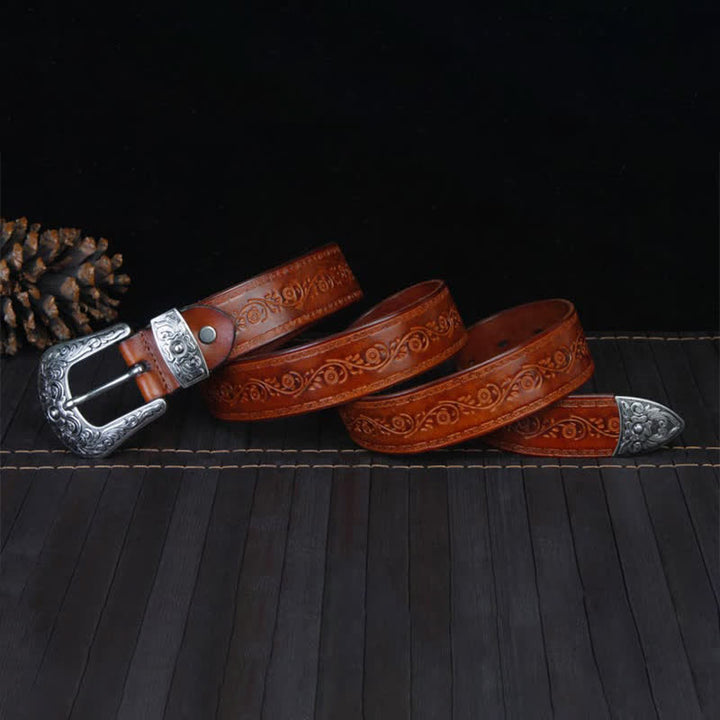 Cintura unisex in pelle con stampa floreale e texture rustica - image 3