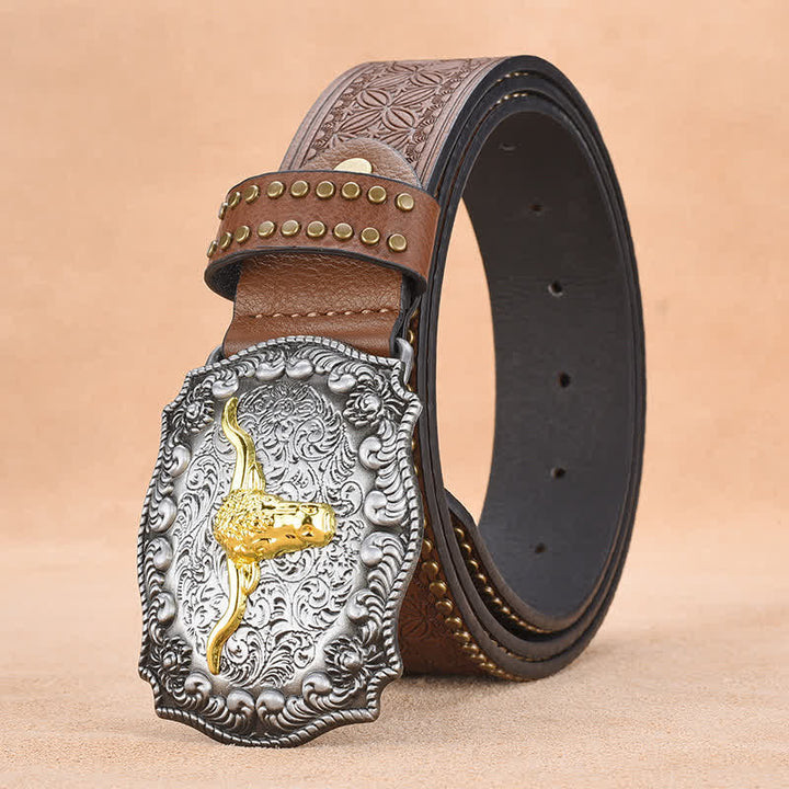 Cintura da uomo in pelle di toro con rivetti punk e corna lunghe dorate - Marrone - 44 - image 0