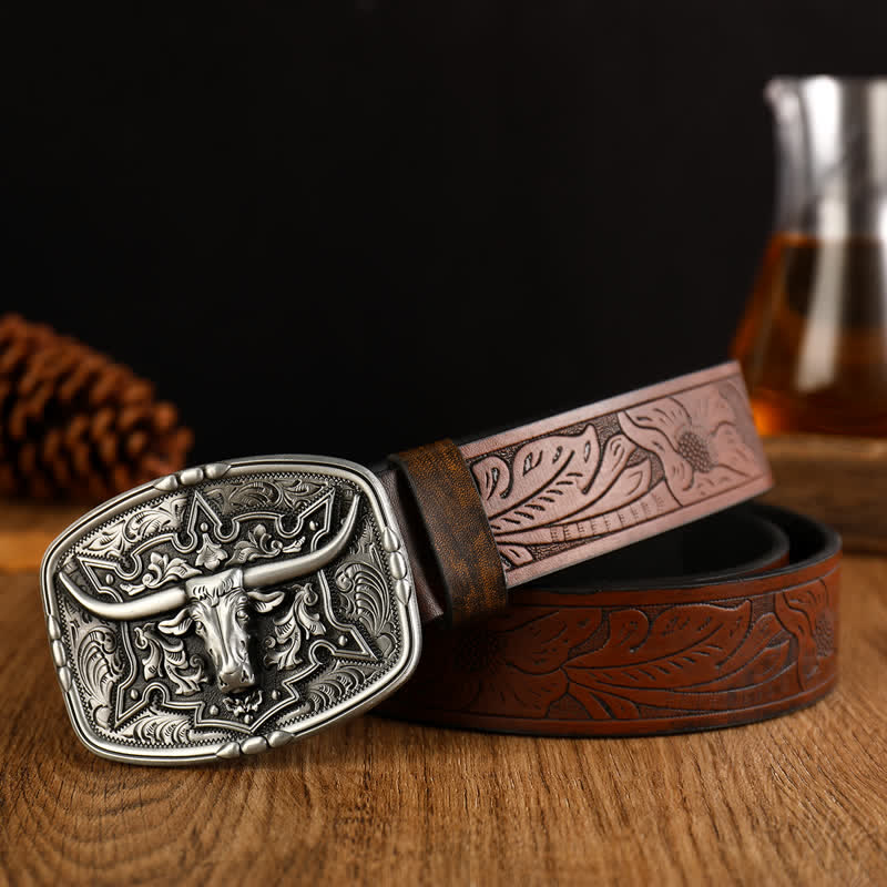 Cintura da uomo in pelle stampata con testa di mucca in stile western - Marrone / Argento - 38 - image 7