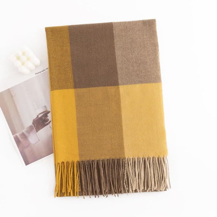 Sciarpa con nappe a quadri e scialle caldo da donna - Giallo - image 2