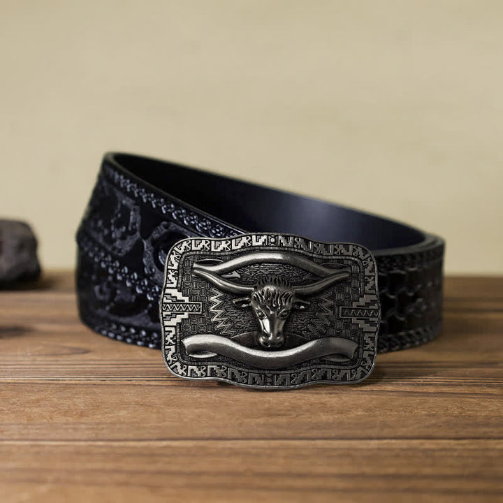 Cintura in pelle fai da te da uomo con fibbia a forma di toro Longhorn quadrato in argento - Testa di toro - Cintura nera intagliata (40) - image 10