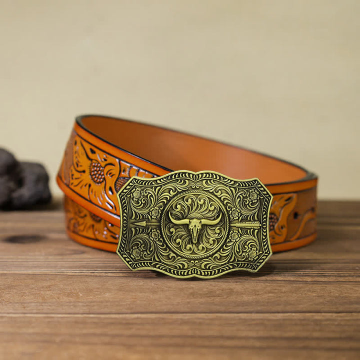 Cintura in pelle fai da te con fibbia a forma di freccia di toro a forma di corno lungo da uomo - Bronzo antico - Cintura intagliata arancione (40) - image 25