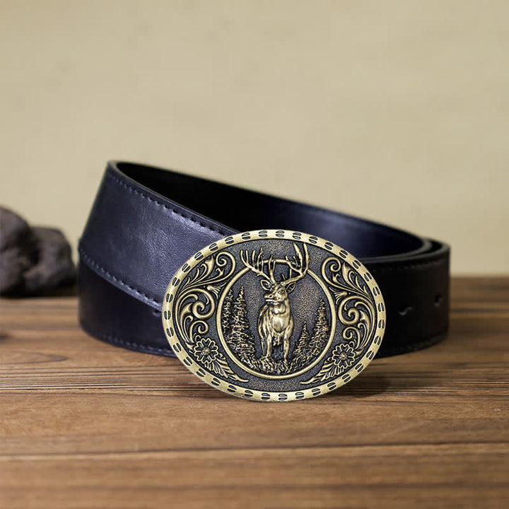 Cintura in pelle con fibbia della bandiera americana da cacciatore di cervi fai da te da uomo - Cervo d'oro - Cintura PU nera (40) - image 12