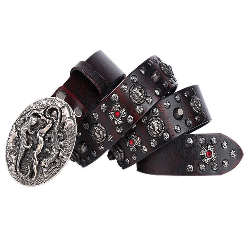 Cintura in pelle con ornamento leone rubino borchiato da uomo - Marrone-rossastro - 44 - image 7