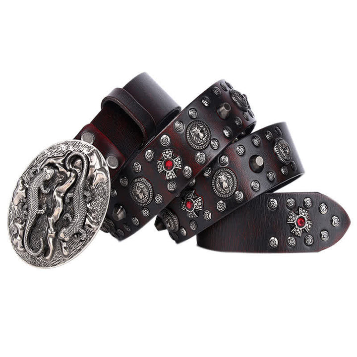 Cintura in pelle con ornamento leone rubino borchiato da uomo - Marrone-rossastro - 44 - image 7