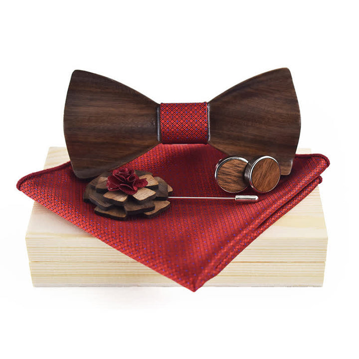 Set di 4 papillon in legno nero vintage da uomo - Rosso - image 9