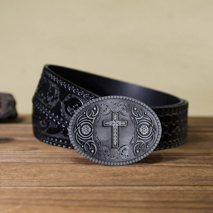 Cintura in pelle con fibbia floreale a croce fai da te da uomo - Argento antico - Cintura nera intagliata (40) - image 14