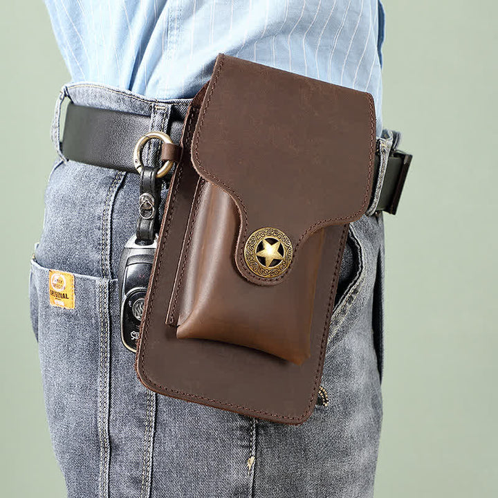 Borsa da cintura per telefono con fibbia magnetica a stella in pelle per esterni - Caffè - image 0