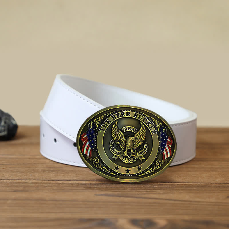 Cintura in pelle con fibbia porta birra creativa fai da te con bandiera USA e aquila da uomo - Bronzo - Cintura PU bianca (40) - image 13