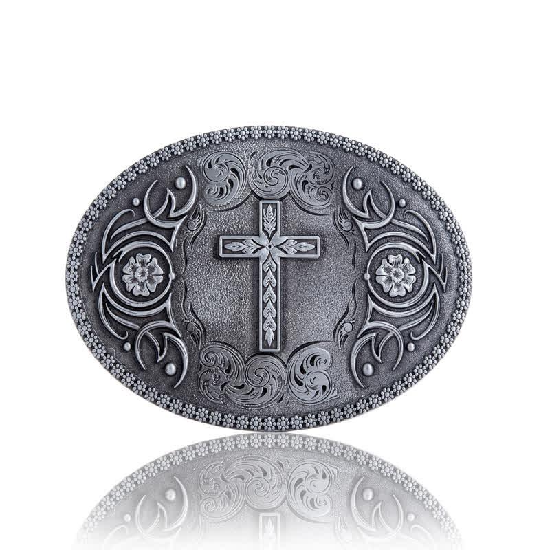 Cintura in pelle con fibbia floreale a croce fai da te da uomo - Argento antico - Senza cintura - image 2