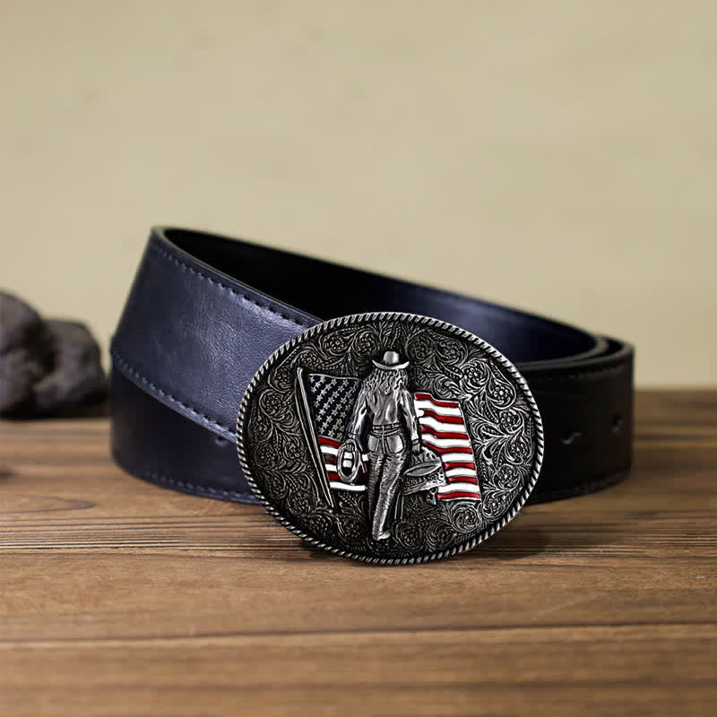 Cintura in pelle con fibbia della bandiera americana da cowboy fai da te da uomo - Argento antico - Cintura PU nera (40) - image 8