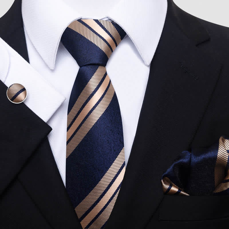 Set di 3 cravatte a righe blu navy e grano da uomo - Blu marino e grano - image 0