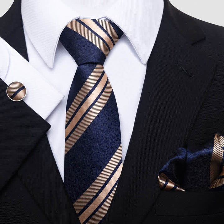 Set di 3 cravatte a righe blu navy e grano da uomo - Blu marino e grano - image 0