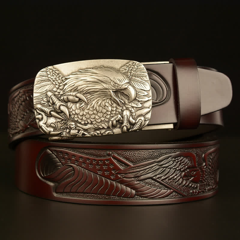 Cintura in pelle con fibbia automatica Eagle Wings Vintage da uomo - Caffè / Argento - 46 - image 20
