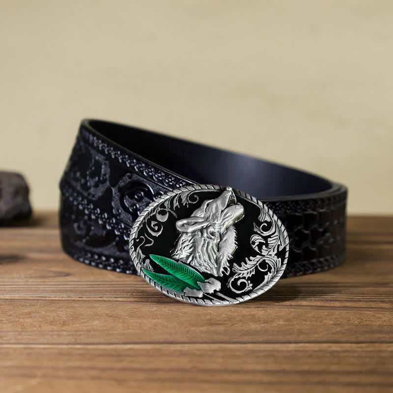 Cintura in pelle con fibbia a forma di testa di lupo ululante fai da te da uomo - Argento antico - Cintura nera intagliata (40) - image 11