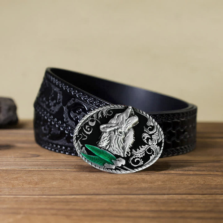 Cintura in pelle con fibbia a forma di testa di lupo ululante fai da te da uomo - Argento antico - Cintura nera intagliata (40) - image 11