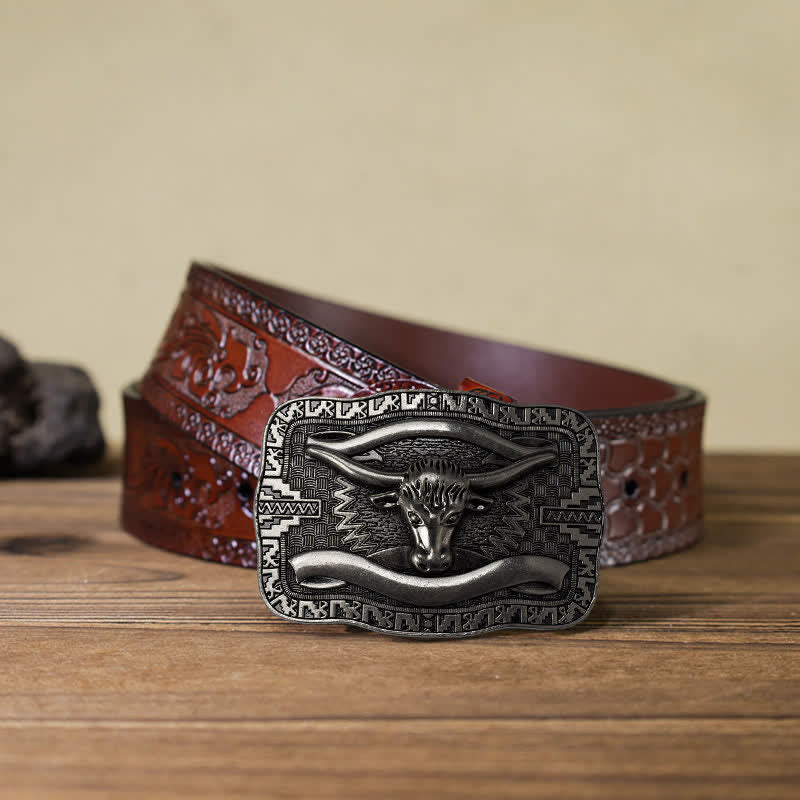 Cintura in pelle fai da te da uomo con fibbia a forma di toro Longhorn quadrato in argento - Testa di toro - Cintura marrone intagliata (40) - image 12