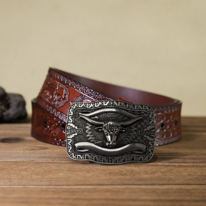 Cintura in pelle fai da te da uomo con fibbia a forma di toro Longhorn quadrato in argento - Testa di toro - Cintura marrone intagliata (40) - image 12