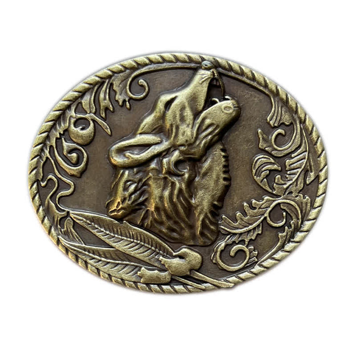 Cintura in pelle con fibbia a forma di testa di lupo ululante fai da te da uomo - Oro antico - Senza cintura - image 3