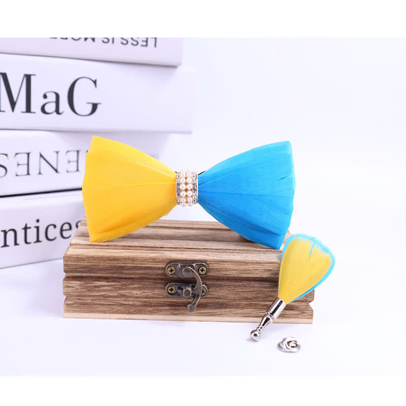 Papillon con piume di perle lucide gialle e blu con spilla da bavero - image 1