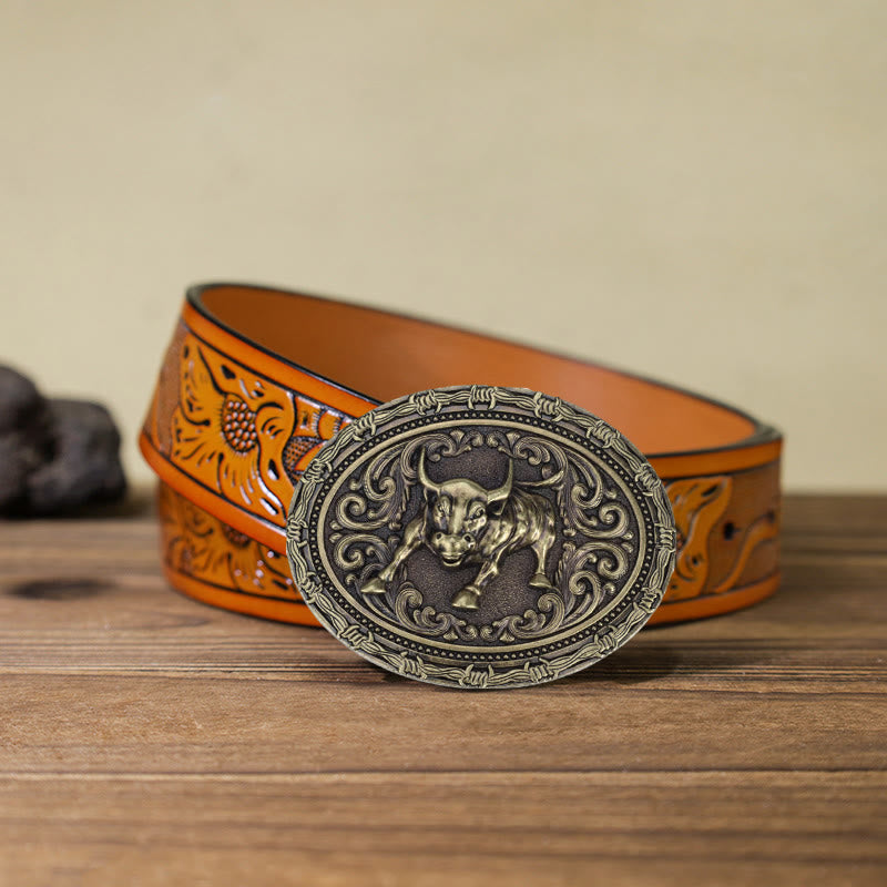 Cintura in pelle con fibbia da torero da cowboy fai da te da uomo - Cavallo - Cintura intagliata arancione (40) - image 15