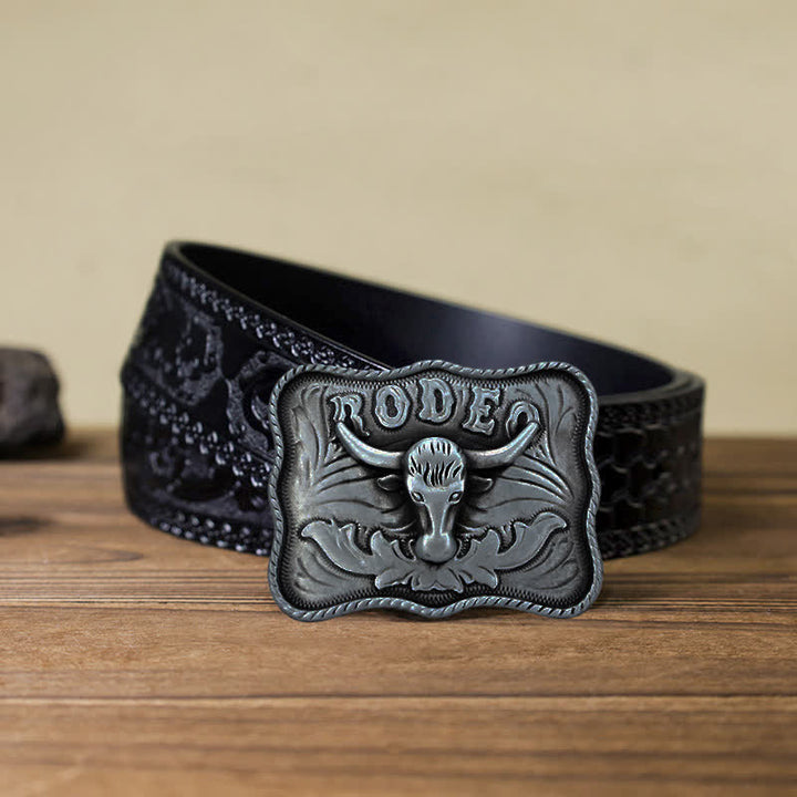 Cintura in pelle fai da te da uomo con fibbia da rodeo Longhorn Bull in argento - Toro dalle lunghe corna - Cintura nera intagliata (40) - image 9
