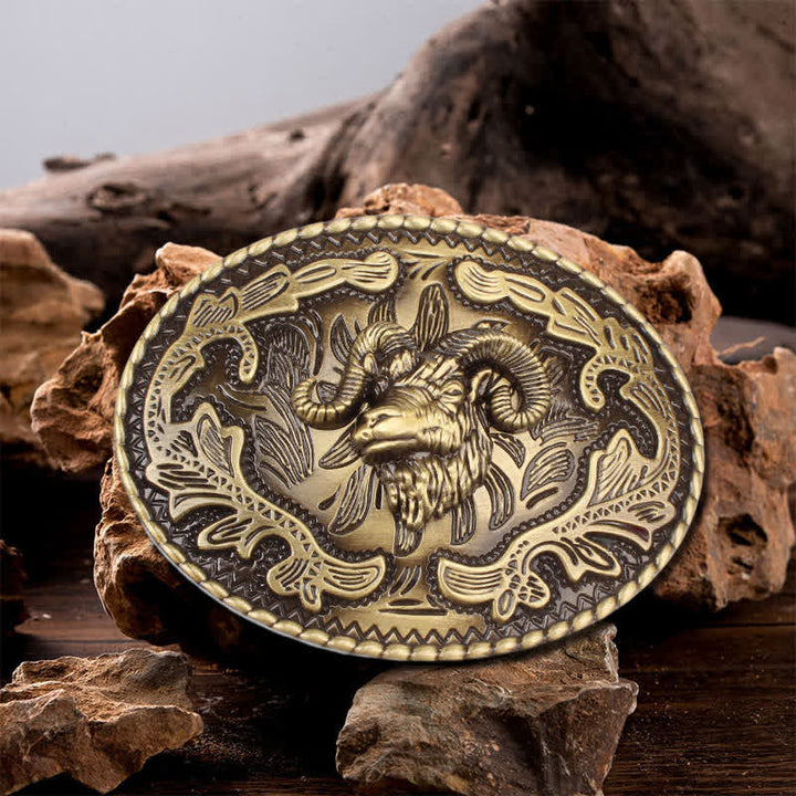 Cintura in pelle con fibbia a forma di testa di capra selvatica in bronzo fai da te da uomo - Capra selvatica - Senza cintura - image 0